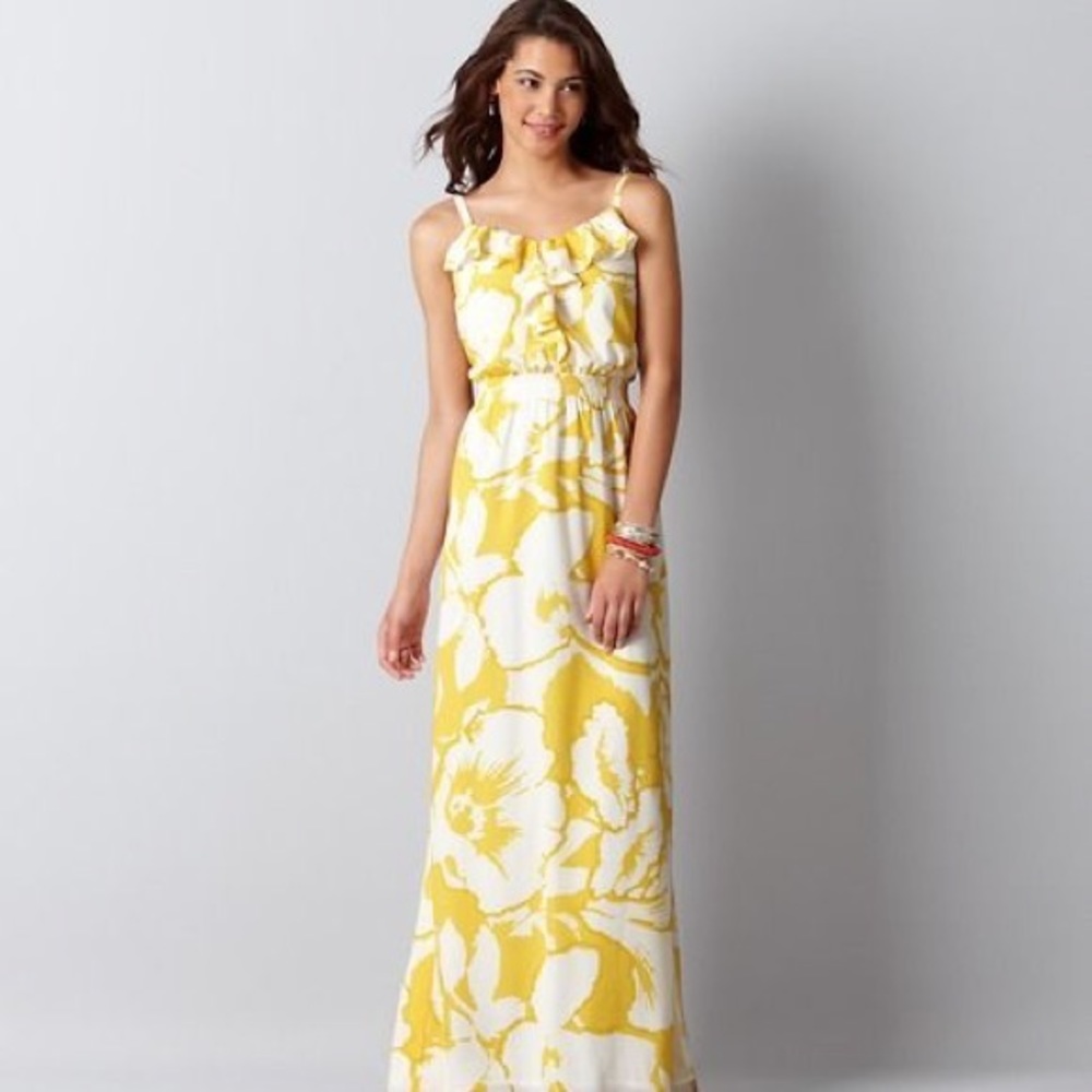 LOFT Floral Yellow White Ruffle Maxi Dress Size 4